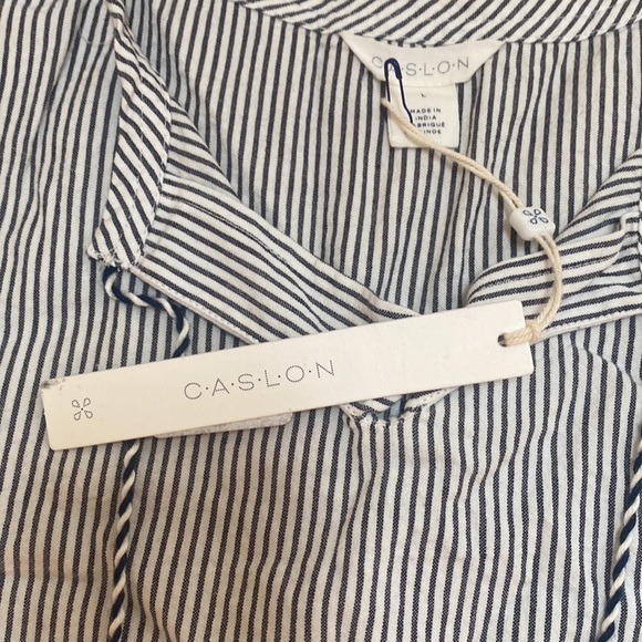 NWT Caslon Womens L Striped Sleeves Blouse. Ruffles. Cute neckline. Pom poms. - Picture 11 of 12